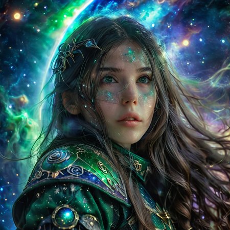 masterpiece,high resolution,8k,
 <lora:celestial_warriorXL:0.8>,celestialwarrior, overalldetail,facedetail,eye detail,
1girl, solo, long hair, sky,green theme,universe backround,,sleeves,hands down
