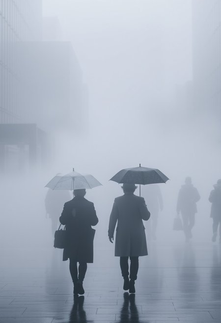 Ghostly Pedestrians:
Figures of pedestrians emerge like spectral shadows, their forms softened by the mist. Umbrellas and coats add to the mystique as people move through the city with an air of quiet determination.