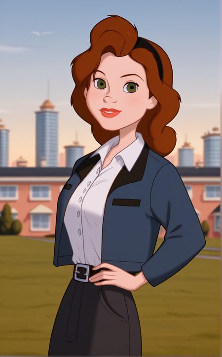 score_9, score_8_up, score_7_up, absurdres, contrapposto, hand on hip, sunset, sidelighting, cityscape, vanishing point, outdoors, depth of field, solo, looking at viewer, <lora:PONYXL_IronGiant_AnnieHughes_ownwaifu:1>, BREAK JacketShirt_AnnieHughes_ownwaifu, 1girl, breasts, brown hair, collared shirt, eyeshadow, green eyes, lipstick, long hair, makeup, nose, red lips, white shirt, black hairband, blue jacket, long sleeves, open jacket, black belt, dress shirt, shirt tucked in, belt buckle, black skirt, formal, lips,<lora:add-detail-xl:0.15>,