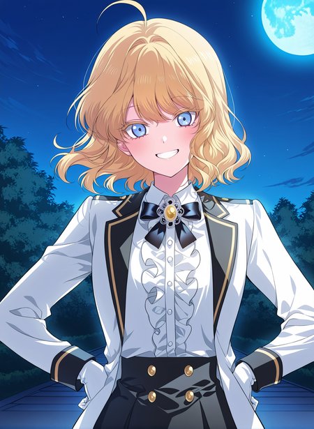 <lora:Heresy_Inquisitor_Female__SSS_Class_Suicide_Hunter__Illustrious:1>
1 girl, solo, blue eyes, short hair, wavy hair, blonde hair, fluffy hair, loose curls, ahoge, parted bangs, soft volume, slightly messy, cute face, anime style, 
white dress shirt, ruffled shirt, white jacket with black trim, black skirt with gold trim, gold buttons, academy uniform, white gloves, black ribbon bow, ornate brooch, 
score_9, score_8_up, score_7_up, very aesthetic, source_anime, detailed, high quality, beautiful, masterpiece, very aesthetic, high definition, amazing quality, highres, absurdres, outdoors, looking at viewer, smile, grin, hands on hips, night, blue moon
