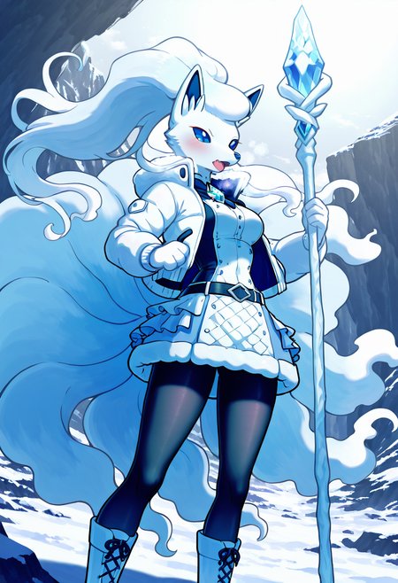 masterpiece, best quality,   zzNinetalesA, 1girl, solo, windblown ponytail, curtain bangs, arctic explorer jacket, quilted bodice, thermal tights, belted utility skirt, crystal brooch, icy canyon path, fierce storm. Clutching her staff against the roaring storm, she presses forward along the canyon ledge. Her explorer jacket is cinched tight with frost clinging to the edges, and her boots leave crisp indentations in the snow. Her breath is steady, her gaze sharp, as the wind tears at her windblown ponytail.  <lora:NinetalesAlolanPokedex_IXL_v1:1.0>,