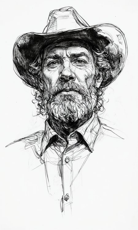 Art by Patrick Jones. Shading, Freehand Drawing, Loose Lines, Gestural, Outline. A black and white, hand-drawn portrait of an elderly man with a serious expression, wearing a cowboy hat and a shirt. the man, who appears to be in his late 60s or early 70s, has long, wavy, light-colored hair and a thick, well-groomed beard. he is facing the viewer and looking directly at them, with a slight frown on his face. his eyes are focused intently on the viewer, and his expression is serious. he has a full beard and mustache, and is wearing a western-style cowboy hat with a wide brim and a button-up shirt with a collar. the image is a detailed and realistic style, with intricate lines and shading that give it a realistic and lifelike appearance. the background is plain white, allowing the focus to be on the man's face and upper body.