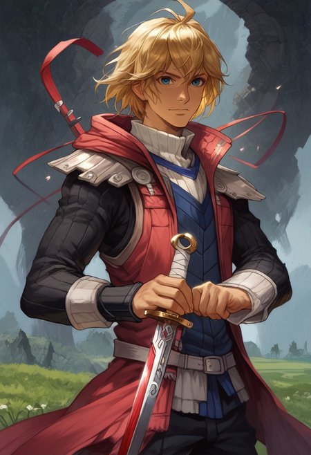 (((beautiful, high quality, masterpiece))), score_9, score_8_up, score_7_up, highly detailed, perfect eyes, perfect hands, BREAK, 1boy, young, shulk, blond hair, blue eyes, BREAK,
holding monado, (((monado))), red sword, ((monado sword)), red clothes, shulk clothes, shulk outfit, plains, (happy), posing, looking at viewer