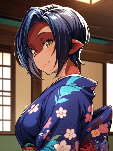 <lora:happy_tentacle-rukka-v0.4-000020:0.9>, ht_rukka, orca girl, dorsal fin, two-tone skin, kimono, indoors , 1girl, solo, upper body , , ( smile :1.2), , looking down , standing , from behind , score_9, score_8_up, score_7_up, score_6_up, score_5_up, score_4_up