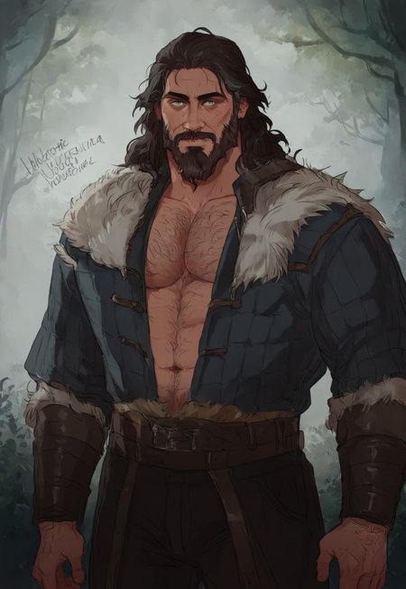 (score_9, score_8_up:1.1), score_7_up, waist-up portrait, 
...
fantasy style, Viking Style, Norse, Nordic, ... 1man, human, adult, mature, (mid-40s), druid, muscular male, male focus, solo, (IfanBM, mature male, tan skin, Miguel_Ohara, bara), ((aquiline nose, broken nose, Nose bridge, Hooked nose)), (freckled face), (tanned skin), (long hair, dark-brown hair with grey streaks, wavy hair, back-length hair), (((grey streaks in hair))), ((short beard, grey streaks)), (greying), (aging), (bright green eyes), (broad shoulders, wide torso), (tall, toned), (daddy vibes, bara), (hairy chest, hairy forearms), (Viking Style, fantasy style, Dark Navy Blue Viking Robe, Bronze Trim, Sleeves Rolled-Up to Elbows, Black Pants), Belt, Pants, ... (Magical Forest Background, detailed background, artistic and intricate background), (3-frame sketch), raw lighting, overexposed, harsh flash, volumetric lighting, cinematic lighting, aesthetic design, dramatic angle, dramatic framing, cinematic framing, posing at an angle, dynamic pose
...
(Magical Forest Background, detailed background, artistic and intricate background)
...
<lora:add-detail-xl:1.5>, 