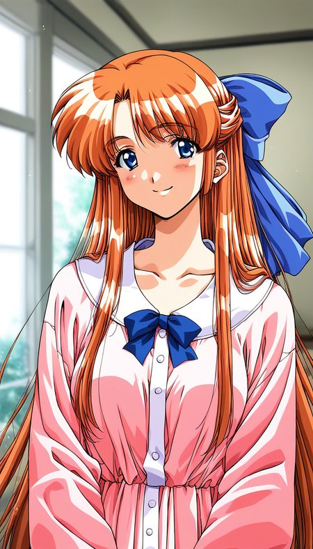 score_9, score_8_up, score_7_up, source_anime, rating_explicit, BREAK  <lora:Kobayakawa_Mizuho_XL:1> Kobayakawa_Mizuho, blue eyes, very long hair, orange hair, 1990s (style), bangs, breasts, 
1girl, solo, bow, hair bow, dress, long sleeves, half updo, upper body, pink dress, collarbone, blush, ribbon, smile, indoors, jacket, blue bow, 
looking at viewer