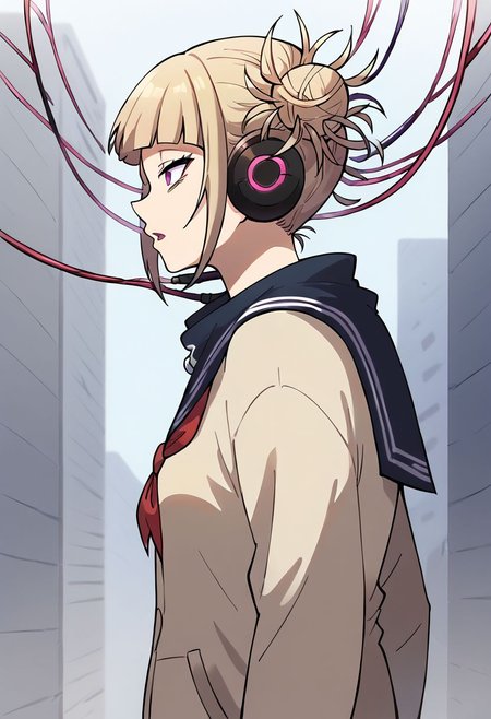 from side, <lora:Smooth Anime Style LoRA XL:0.9>, score_9, score_8_up, score_7_up, score_6_up, score_5_up, BREAK source_anime,1girl, expressionless,pink visor,headphones ,wire,standing , (empty eyes, pink eyes, no pupils), open mouth,  anime screencap,himiko toga, bangs, blonde hair, blunt bangs, hair bun, double bun, messy hair