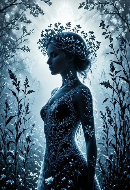 Midjourney, Midjourney style, realism, cinematic quality, Double exposure illustration of a goddess silhouette integrated with a spring field, goddess details blended into the backdrop, monochrome background in sharp focus, full color, crisp lines inspired by Jean Baptiste Monge, Thomas Kinkade, David Palumbo, Carne Griffiths, CG graphics, high quality, 8K Ultra HD, vivid colors, cinematic midjourneyv6.1