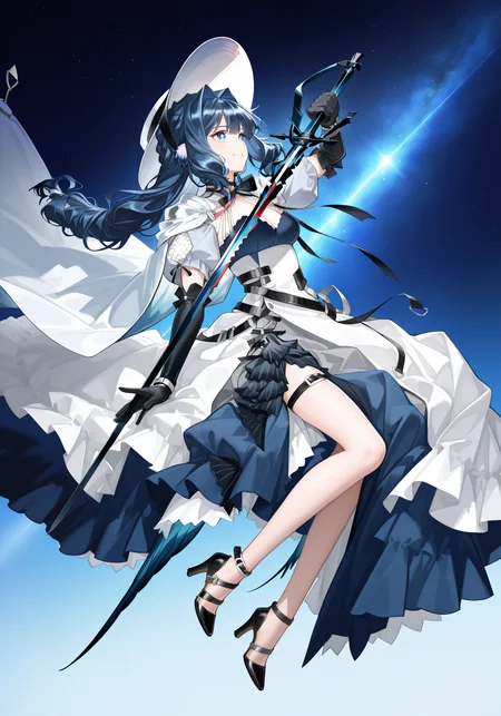 arknightsgame,arkbg,masterpiece,best quality,amazing quality,very aesthetic,high resolution,ultra-detailed,absurdres,
1girl,solo,Astesia,blue eyes,white pupil,bird tail,long hair,blue hair,bird girl,medium breasts,
astesia_\(starseeker\)_\(arknights\),multicolored dress,black strappy heels,black elbow gloves,black neck ribbon,wrist straps,white headwear,white cape,
dynamic pose,holding sword,ss sword,smile,outdoors,blue background,universe,
<lora:AstesiaILREV1.0-000003:1>,arkbg,<lora:ArknightsGameStyleILV1:0.8>,