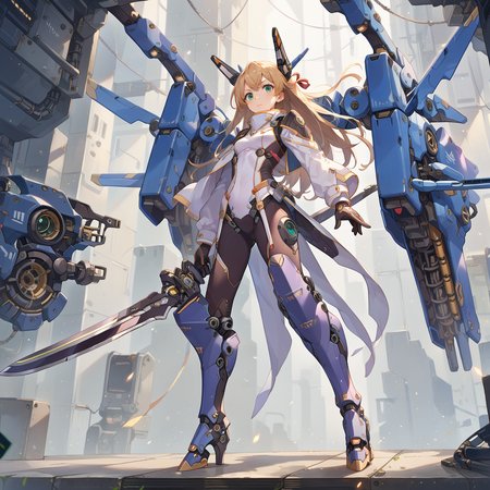 score_9, score_8_up, score_7_up,source_anime,
mechagirl02,
solo,mecha musume, 1girl, bodysuit,mechanical boots, mechanical parts,  options, 
light particles,engine, holding sword, 
 <lora:roboko-000015:0.7>