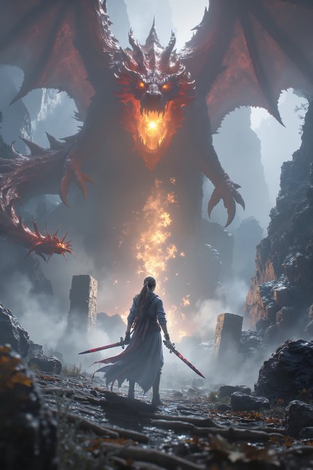 Amid the mist-covered peaks of a remote mountain range, a fearless warrior queen stands before a massive stone altar, her twin blades dripping with the blood of her enemies. The mist swirls around her, illuminated by the fiery glow of a massive, ancient dragon perched atop the altar, its wings spread wide as it prepares to take flight. The queenâs eyes, glowing with a fierce determination, lock onto the dragonâs shimmering scales, her heart racing as the beast lets out a deafening roar. The ground beneath her feet trembles, but she stands her ground, ready for the ultimate battle between woman and beast. The scene blends the primal intensity of Game of Thrones with the awe-inspiring fantasy of Dragon Age.<lora:black_fantasy_1.0>