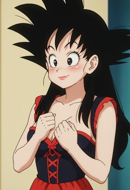 score_9, score_8_up, score_7_up , , source_anime, intricate details, masterpiece, high quality, prefect hands, best quality,, 1girl, solo,  upper body , anime screencap,
smile
, GGoku , black hair, black eyes, big eyeballs , spiked hair , long hair  ,    eyelash , lips  , cute , blush ,  medium breast ,    <lora:GGoku-000003:0.7>,
 <lora:vampire cos_pony_V1.0:0.7> ,vampire cos, black dress, makeup,skirt , old castle