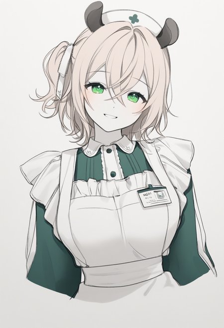 masterpiece, best quality, 1girl, solo, N1mi, green eyes, light brown hair, medium hair, crossed bangs, one side up, hair ribbon, white ribbon, animal ears, white hat, collared dress, green dress, long sleeves, frilled apron, id card, spot color, greyscale, monochrome, lineart, sketch, graphite \(medium\), traditional media, cropped torso, looking at viewer, smile, head tilt, three quarter view, <lora:ChamNimiNightmareNoob:1>