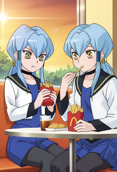 masterpiece,best quality,amazing quality,

2girls, 

(1girl, Jillian & Sharlene (Cardfight Vanguard), jillian chen, long hair, blue hair, hair tubes, sidelocks, ponytail, choker, yellow eyes, sharp eyes, school uniform, jacket, long sleeves, blue skirt, black pantyhose),

(1girl, Jillian & Sharlene (Cardfight Vanguard), sharlene chen, long hair, blue hair, hair tubes, left sidelocks, ponytail, choker, yellow eyes, school uniform, jacket, long sleeves, blue shorts, black pantyhose),

BREAK

cinematic, upper body, eating french fries, 

Sit, sitting, glass, cafe, greenery, 

afternoon, sunset, 

Lens flare, bloom,

Official style, anime screencap, anime coloring,
















