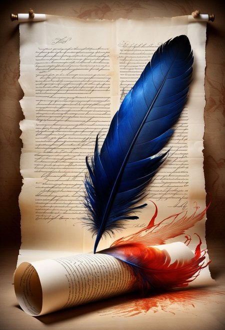 mysterious phoenix feather gliding through the air, single drop of deep blue ink dropping from the tip of the feather into a half full ink pot while an old piece of aged paper scroll with beautiful writing and burning edges is hovering in the middle of it all, lightrays backlighting glorious feather, burning paper scroll, lightrays backlighting smoke, fading blue red background, by Minjae Lee, Carne Griffiths, Emily Kell, Steve McCurry, Geoffroy Thoorens, Aaron Horkey, Jordan Grimmer, Greg Rutkowski, amazing depth, double exposure, surreal, geometric patterns, intricately detailed, bokeh,  perfect balanced, deep fine borders, artistic photorealism , smooth,  great masterwork by Suiras  <lora:add-detail-xl:2>  <lora:Double_Exposure:0.5>