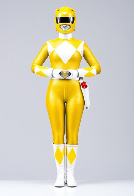figurine, figurine, figurine of bald female yellow-power-ranger, alone, morphed, helmet, yellow catsuit, white gloves belt boots holster, standing square-on, plain grey studio background, arms down by sides, full body photo, hyperdetailed photography