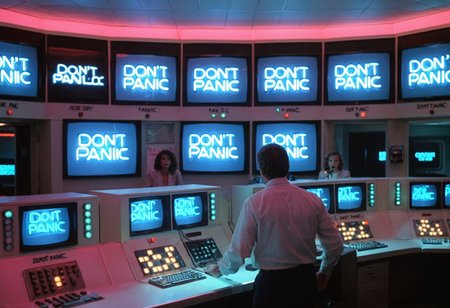 ((bright)) ControlRoom MiamiVice, consoles, lights, neon lights, ((people, screens with glowing letters "DONT PANIC")), highly detailed, 4K, (35mm photo, grainy)