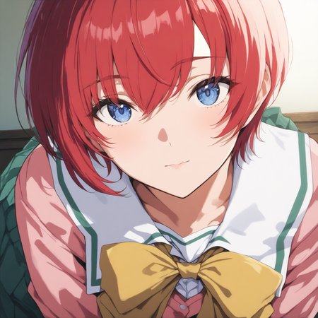 masterpiece,high score,great score,absurdres,solo,looking at viewer,upper_body,portrait,school_uniform,pink long sleeves,yellow bow,green skirt,<lora:Asami_Replay ag4o v1:1> asami_replay, red hair, short hair, blue eyes,