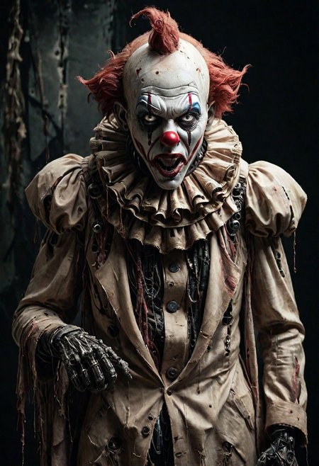 (Pointing Finger At Viewer), a vintage photo depicting a mechanical hybrid seer cyborg giant costumed AS Horror Freak Clown emerging from a tattered linen cloak, adorned with numerous eyes, infront a dystopian, neon dark backdrop, distorted shapes,
very detailed, atmospheric haze, Film grain, cinematic film still, shallow depth of field, highly detailed, high budget, cinemascope, moody, epic, OverallDetail, gorgeous, 2000s vintage RAW photo, photorealistic, candid camera, color graded cinematic, eye catchlights, atmospheric lighting, skin pores, imperfections, natural, shallow dofintricate, elegant, fantasy art, portrait, dark, retro, ecstatic, plain, powerful, realistic, profoundly red dark color