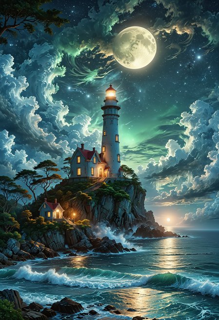 A captivating night scene illustration featuring an ancient lighthouse standing tall on a rocky island. The lighthouse, adorned with multiple windows, emits a warm glow, highlighting its intricate architecture and rich history. The rocky island is covered in lush green trees, reflecting on the calm, moonlit sea waters that mirror the silvery moonlight. The full moon graces the sky, casting an ethereal glow on the clouds and sea, while wispy clouds partially obscure its brilliance, adding to the scene's mystique. Twinkling stars dot the sky, creating a celestial tapestry that harmonizes with the moon's radiance. This enchanting artwork captures a serene and peaceful night, where the illuminated lighthouse stands resolute amidst the celestial beauty, creating a cinematic experience., illustration, cinematic
<lora:DonM3t3rn1tyXL-v1.1:0.7>, DonM3t3rn1tyXL,
OverallDetailXL  <lora:MJ52:0.3>  <lora:SDXLFaeTastic2400:0.4>  <lora:EpicF4nta5yXL:0.7>