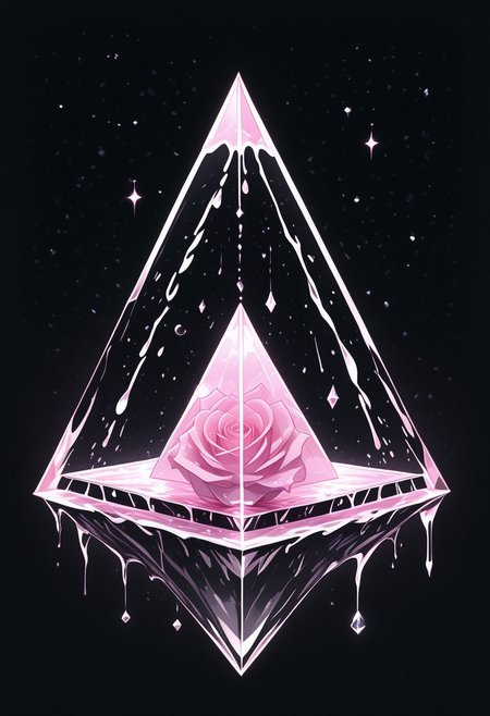 (masterpiece), best quality, Anime, Illustration, (Floating Pyramid, Crystal, Magic, Reflection, Melting, Dripping, Pink Rose), Black Background, No Humans, Starry Theme, (Light Refraction), White and Pink Theme, Natural Lighting, Verynsty