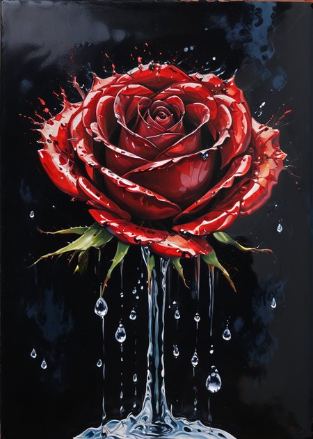 (acrylic painting:1.5), translucent, shiny dripping red wine rose, (waterdrops:1.5), (fluently:1.6), detailed, blue and black backgrund, cinematic light, <lora:sdxl_glass:0.8> <lora:Black_Goo:0.5> Black liquid, <lora:xl_more_art-full_v1:0.6>, (only uses 256 different shades in total), (brush strokes:1.2), medium contrast, (paint drips:0.8), stark, (dripping paint:0.5), (splatters:1.5), (dramatic:0.4), (photorealistic:0.2)