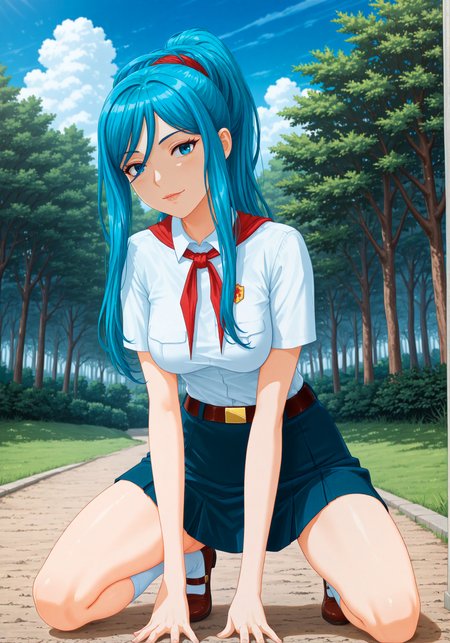 masterpiece, high_quality, highres, detailed_eyes, detailed, masterpiece, best quality, absurdres, 8k, HDR, face_focus, high quality, very_awa, newest, absurdres, highres, depth_of_field, realistic_skin, pinkretroanime, (retro art:0.7), Jeddtl02, p0nyd1sney1ncasev1x0n2, very aesthetic, detailed face, pioneer_uniform, el_pioneer_outfit, white_shirt_pioneer, short_sleeves, pioneer_badge, blue_short_pioneer, red_neckerchief, belt, white_socks, shoes, <lora:Takao_Aoki_illustrious:1>, blue hair, ponytail, blue eyes, (medium hanging breasts:1.2), elegant and dominant, mature, adult, sexy, medium breasts, looking at viewer, detailed beautiful eye, medium breasts, amazing background, clouds, nature, forest, ,  <lora:Everlasting_summer_pioneer_uniform:1>
