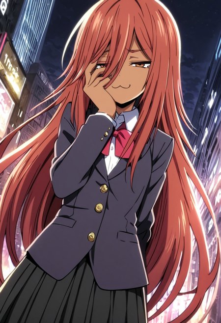 jin, androgynous, absurdres, source_anime, solo, dutch_angle, looking at viewer, hair_between_eyes, :3, smile, red hair, brown hair, very long hair, long bangs, hair_over_face, hand on face, city, dress shirt, skirt, school uniform, dark skin, half-closed eyes, smug, black nylon, pencil tool/(medium/),