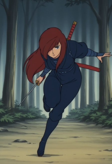 masterpiece, best quality, anime screencap, anime coloring, female focus, full body, solo, forest, ninja jump, throwing needles,  
1girl, looking at viewer, expressionless, 
<lora:0na:1>, 0na, black eyes, red hair, brown hair, long hair, hair over one eye, lips, (ninja clothes:1.2), single weapon, single katana, 1960s \(style\), retro artstyle,