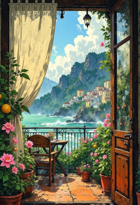 Amalfi Coast Seaside Terrace – Ivory Lace Curtain
"A sunlit coastal terrace on the Amalfi Coast, perched high above the shimmering Mediterranean Sea. An ivory lace curtain flutters from an open balcony door, revealing a panoramic view of pastel-colored cliffside villages cascading down toward the water. Lemon trees and blooming bougainvillea frame the terrace, filling the air with their sweet fragrance as the waves crash rhythmically below."