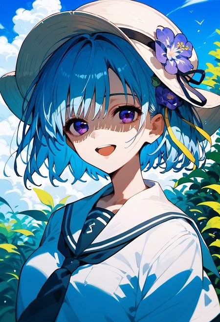 score_9, score_8_up, score_7_up, HENRIETTE MYSTERE,
1girl, solo, smile, short hair, open mouth, hair ornament, hat, school uniform, blue hair, purple eyes, flower, hair flower, shaded face