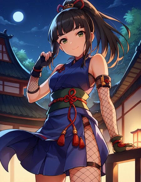 score_9,score_8_up,score_7_up,1girl,solo,cowboy shot,looking at viewer,smile,closed mouth,outdoors,night,ninja,
<lora:hamaguchiayame_ponyXLV6:0.8>,cghaym,black hair,ponytail,blunt bangs,green eyes,
japanese clothes,bare shoulders,gloves,skirt,fishnets