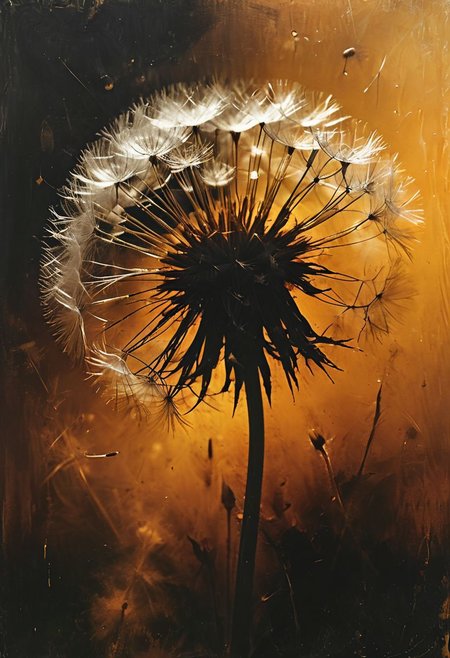 (masterpiece, best quality, hyper detailed, ultra realistic, 32k, RAW photo) a dandelion closeup in orange and gold, realistic, perfect composition and chiaroscuro by Rembrandt, concept art, by Jarek Kubicki, <lora:Desolation:0.8>