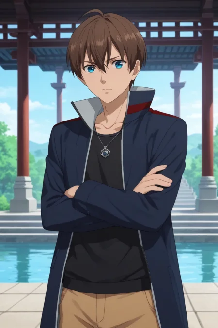 score_9, score_8_up, score_7_up, source_anime, rating_safe, , anime screencap, , official style, looking at viewer, depth of field, 1boy, solo, male focus, <lora:kensuke_hanasaki_pony:0.92>, kensuke_hanasaki, brown hair, blue eyes, short hair, hair between eyes, wide angle, wide shot, cowboy shot, pond, arch, japanese architecture, midnight, arms under breasts, :o, , <lora:sdxl_lightning_8step_lora:1>