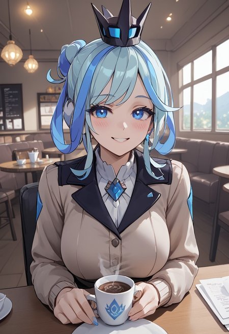 score_4,score_5,score_6,score_7_up,score_8_up,score_9 ((masterpiece,best quality,ultra detailed,highres,HD,4k:1.2)), 
1 boy, solo,solo focus,girl focus,face focus,
blue hair,two-tone hair,multicolored hair,streaked hair,single hair bun,crown,blue eyes,large breasts,
indoor, cafe, pov date, across table pov, across table, Coffee on the table,sitting, 
looking at viewer,blush,happy,light smile,