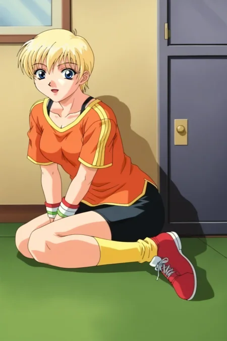 score_9, best, masterpiece, uncensored, 
1girl, solo, retro artstyle, 1990s (style),  
KuroNoDanshouKateOHara,
 wristband, orange long t-shirt with yellow accents and large neckline,  visible black bra straps, black bike shorts, red sneakers with white accents and yellow ankle socks, shirt over shorts, ankle socks, 
number 15 print on left side of shirt
tight bike shorts,
 <lora:KuroNoDanshouRumikoAndKate_V4:0.8>