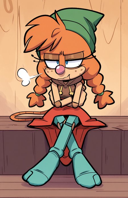 1girl, solo, brown taut hoodie, sleeveless dress , hood down, red high-low skirt, aqua pantyhose, no shoes, sitting, head tilted, crossed arms, sigh, mildly annoyed expression,
 <lora:qqLettuce:0.8> qqlttc, furry, <lora:Belle:0.8> belle the tinkerer, orange fur, green headwear, twin braids, clown nose, eyelashes, pink nose, doll joints, robot joints, blue eyes, marionette mouth, mouse tail, extremely detailed, highres, masterpiece, best quality