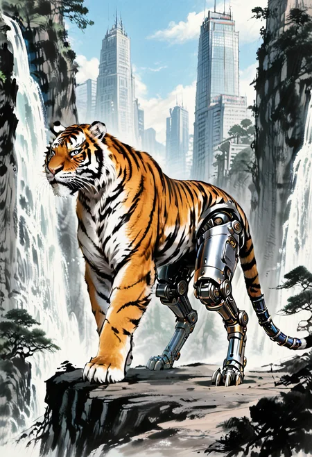 no humans, animal focus, (close-up:1.75), serious, tiger, from side, (mechanical leg:1.5), looking to left,
BREAK
waterfall, day, skyscraper, building,
BREAK
<lora:Ink_wash_painting_style_v2.0:1>, traditional media,
BREAK
best quality, masterpiece, very aesthetic, absurdres, highest detailed, very awa, detailed background,