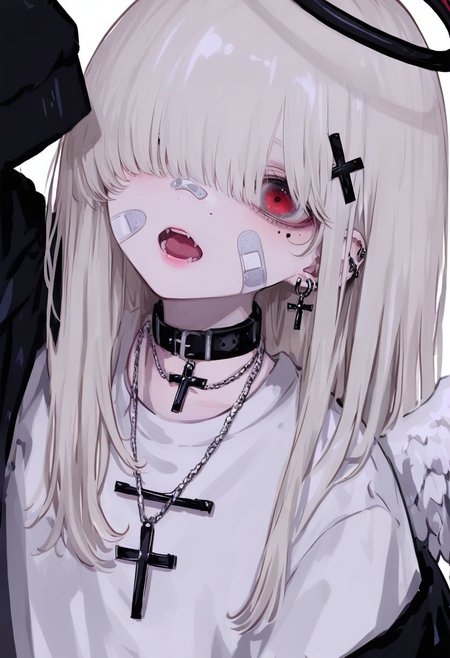 cross, jewelry, wings, solo, 1girl, ear piercing, necklace, angel wings, piercing, long hair, halo, cross hair ornament, open mouth, hair over one eye, hair ornament, cross necklace, bandaid, earrings, choker, angel, sleeves past wrists, mole, mole under eye, simple background, white background, jacket, white hair, bangs, looking at viewer, red eyes, bandaid on face, feathered wings, shirt, black jacket, hood, sleeves past fingers, upper body, collar, white shirt, cross earrings <lora:748cmXL_NB11_lokr_V6311P:0.95>