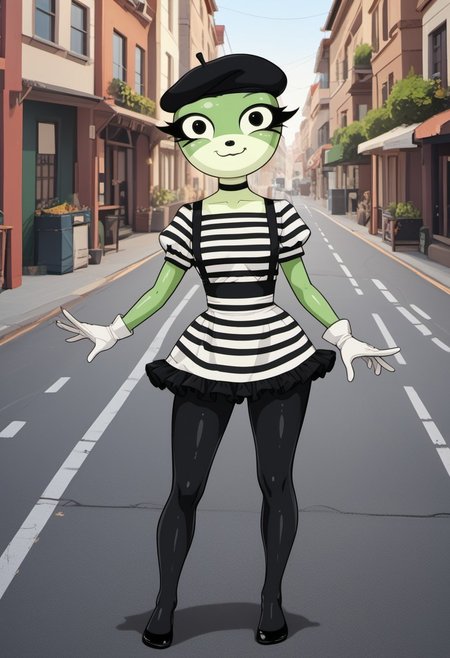 score_9,score_8_up,score_7_up,
outdoors,
full body, closed mouth smile,,long eyelashes,pose, tall, standing, 
<lora:Mashka_v01_PDXL:1>,Mashka,1girl,solo,furry female,green skin,yellow skin,two-tone skin,shiny skin,black eyes,long eyelashes,wearing french beret, black eyeliner,wide hips, black choker, mime artist outfit, black beret, black striped shirt, black tight leggings, black suspenders, frilled skirt, white gloves, slender, skinny, petite 1930's city background, mime poses, 
<lora:add-detail-xl:1>,