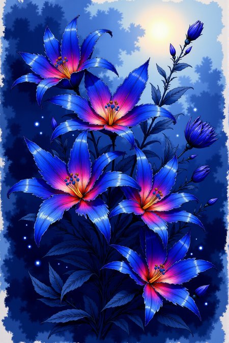 <lora:Vibrant_watercolor_v.21:0.80> A watercolor sketching featuring Vibrantlysharp style.  A bouquet of luminous midnight lilies flourishes in a dreamy, atmospheric scene, their velvety petals a deep twilight blue, glowing at the edges with ethereal neon white. At their core, embers of crimson light radiate outward, casting a soft, mystical glow onto the surrounding foliage. Tiny orbs of bioluminescence float around the stems like scattered fireflies, adding an element of quiet magic. The background fades into a soft, foggy gradient, amplifying the contrast between shadow and radiance. This enchanting scene merges elements of fantasy illustration and photorealistic lighting techniques, creating a mesmerizing composition.