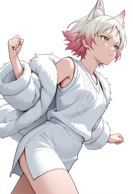 Smooth Quality,masterpiece,very intricate, high quality details, ultra realistic, high detailed skin,detailed enviorement,absurdres,
simple background, white background,solo,
walking, arms swinging, relaxed shoulders, looking forward, natural movement,  ,dutch angle,expressionless,frown, 
fur coat, ,sweater vest, ,side slit skirt, , 
 <lora:Momiji_cnn:0.8> momijicnn,1girl, wolf ears, yellow eyes, white hair, pink hair, short hair, gradient hair, thick eyebrows,