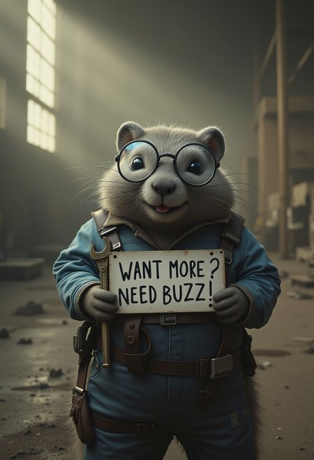 Photography, National Geographic style, dutch angle, A happy chubby grey marmot with thin round glasses, wearing blue work overall, adjustable wrench poking out of pocket, holds a sign with text saying "WANT MORE ? NEED BUZZ !", tiny laptop computer under the arm,  in a victorian steampunk style with neon details. Background shows an empty wood warehouse, dust on the floor, light and dust particles floating in the air in a warm sun ray from side window.