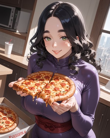 PonyScores7, source_anime, rating_safe, ah1, 1girl, (curly hair), long hair, (black hair:1.4), mature female, (parted hair:1.7), (round face:1.2), (no_bangs:1.3), (no_fringe:1.6), (thick eyebrows:1.2), (curvy), round-chin, (greenish hazel eyes), caucasian, (downturned eyes:1.2), (plump face), <lora:ETO_OCPonyXL:0.5> eto_oc, (skindentation), (plump), thick thighs, wide hips, busty, voluptuous, kinky curls, lips, bad-hands-5, <lora:venus body PonyXL:0.4>, <lora:xl_more_art-full_v1:0.2>, <lora:shinyskin2:0.2> glistening skin, <lora:aesthetic_anime_v1s:0.2>, <lora:Expressive_H:0.2> Expressiveh, <lora:hairdetailpxl:0.2> hairdetailpxl, <lora:EpicF4nta5yXL:0.2>, <lora:detailxl:0.2> detailxl, <lora:Fant5yP0ny:0.2>, best quality, amazing quality, best aesthetic, absurdres, <lora:expressive eyes:0.2> expressive eyes, <lora:eyedetailpxl:0.2> eyedetailpxl, illustration, Volumetric_Lighting, ultra-detailed, very aesthetic, intricate details, 8k, masterpiece, best_quality, smile, (Eye-level angle view Close shot), (Lakeside at Sunset), <lora:Eyes_High_Definition:0.6> EyesHD, looking at viewer, (((watusi purple bodysuit with a sash and a psychic knife))), <lora:Facestuffing_lora:0.8> face stuffing, eating pizza, pizza box, pizza slice,