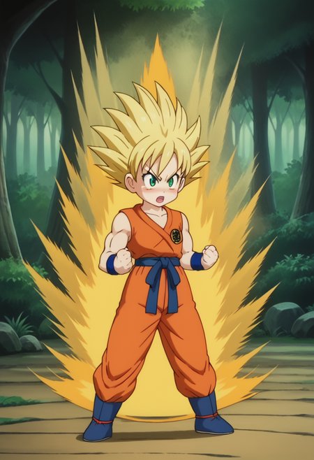 score_9, score_8_up, score_7_up , , source_anime, intricate details, masterpiece, high quality, prefect hands, best quality,, 1girl, solo , anime screencap,
,Martial Arts , forest, muscle ,
, GGokuSS, blonde hair, green eyes, big eyeballs , spiked hair , long hair  ,  eyelash , lips  , cute , blush ,  small breast ,   chibi , <lora:GGoku-000003:0.7>,
orange dougi, blue sash, blue wristband, sleeveless , orange pants, orange topwear,   <lora:DBKiCharge_XLPD:1> , yellow aura, fighting stance, clenched hands, full body , open mouth