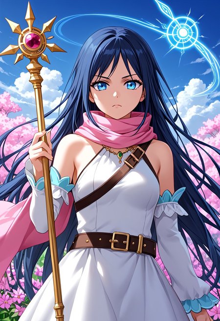 score_9,score_8_up,score_7_up,source_anime,5_figner,2d_animation,game cg,BREAK,1girl,solo,Yae,Lufia,blue eyes,white dress,bare shoulders,very long hair,dark blue hair,detached sleeves,belt,pink scarf,staff,zettai ryouiki,light blue thighhighs,chanting magic,magic,spread one's hands,
middle breast,upper body,looking at viewer,front view,serious,
flower meadow,outdoor,
masterpiece,best qualit,ultra-detailed,illustration,an extremely delicate and beautiful,beautiful detailed eyes,unity 8k wallpaper,high resolution,anime CG,official_art,