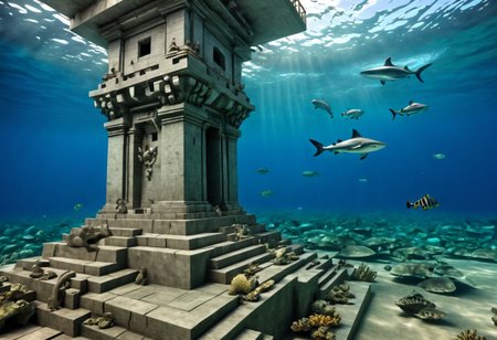 High Detailed photo underwater, arafed structure made of concrete blocks on the bottom of the ocean, epic 3 d yemaya, 1 5 6 6, artdeco, pyramid visor, 1666, jade, sci-fiish, artdevian, riding, steps, ffffound, hispanic, see fishes swimming, SC I  Y', online, small fish and two large sharks swim