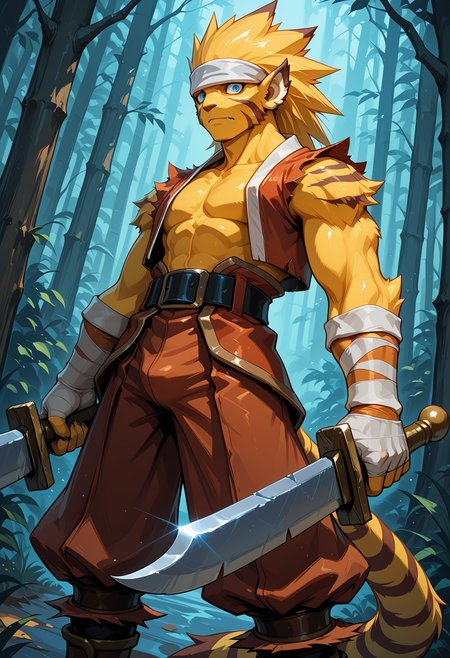 masterpiece, best quality, amazing quality, dutch angle, abstract background, BREAK
solo, 1boy, furry male, bof_rei, yellow body, tiger stripes, pointed ears, headband, blue eyes, red vest, pants, dual wielding swords, swords, BREAK
<lora:cfg_scale_boost:.6>  <lora:Rei_-_Breath_of_Fire_III_-_ILXL:1>