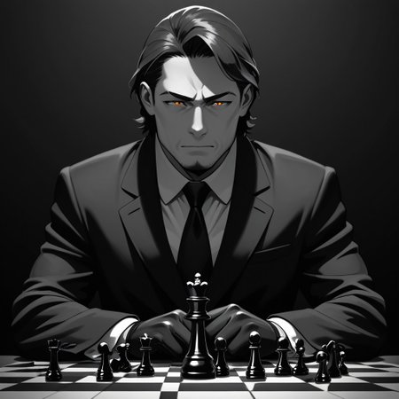 masterpiece, best quality, amazing quality, absurdres, newest, detailed background, definition so sharp, Ultra-HD, 8K cinematic, very awa, impressionate, amazing quality, highres, 
solo, male focus, manly, shadow, shiny skin,
shimonmakusu, shimon_brunette, shimon_orange eyes, 1boy, short hair, stubble, goatee, mature male, cold_expression, intense_gaze, mastermind, strategist, chess_board, gloves, suit, shadowed_face, calculating, observant, monochrome, sharp_focus, confident_pose, dark_academia