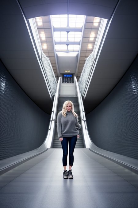coop-himmelblau subway stairs, long shot, distant view, nobody, with pants and a sweater and shoes